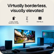 Esta imagen muestra un monitor de juegos UltraGear™ en un escritorio mostrando una escena de juego, con íconos que indican diseño sin bordes en 3 lados, ajuste de altura, soporte de inclinación y compatibilidad con montaje en pared.